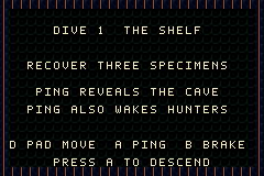 Dive One briefing screen explaining that sonar reveals the cave and also wakes hunters.
