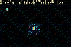Native GBA gameplay: a cyan sonar ring expands from a yellow research submarine and reveals cave terrain, specimens, and hunting creatures.