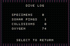 Dive Log screen recording specimens, sonar pings, collisions, and remaining oxygen.